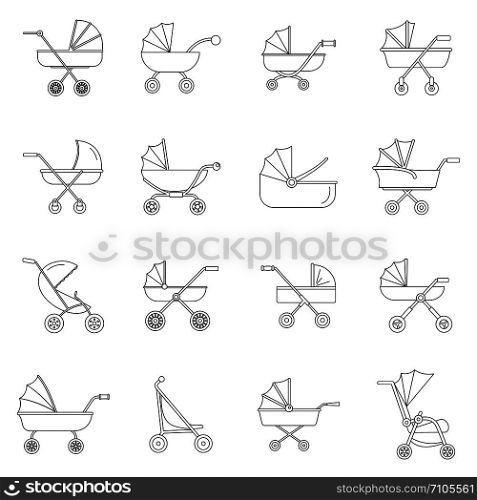 Pram stroller carriage cradle buggy icons set. Outline illustration of 16 pram stroller carriage cradle buggy vector icons for web. Pram stroller carriage icons set, outline style