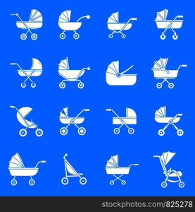 Pram stroller carriage cradle buggy icons set. Simple illustration of 16 pram stroller carriage cradle buggy vector icons for web. Pram stroller carriage icons set, simple style