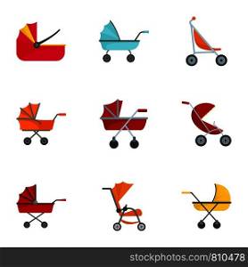 Pram stroller icon set. Flat set of 9 pram stroller vector icons for web design. Pram stroller icon set, flat style