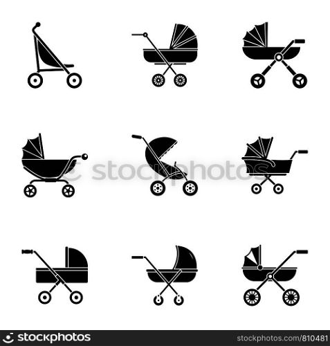 Pram stroller icon set. Simple set of 9 pram stroller vector icons for web design on white background. Pram stroller icon set, simple style
