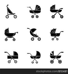 Pram stroller icon set. Simple set of 9 pram stroller vector icons for web design on white background. Pram stroller icon set, simple style