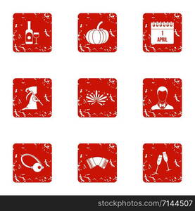 Prank icons set. Grunge set of 9 prank vector icons for web isolated on white background. Prank icons set, grunge style