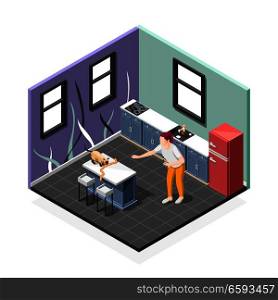 Pranks of cat isometric composition with worried woman and pet during eating sausages at kitchen vector illustration . Pranks Of Cat Isometric Composition