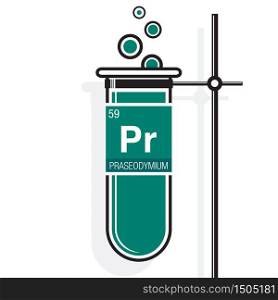 Praseodymium symbol on label in a green test tube with holder. Element number 59 of the Periodic Table of the Elements - Chemistry