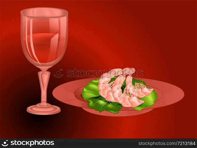 prawns with wine. wine glass with plate of prawns on red tabelecloth