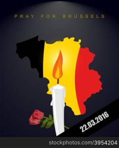 Pray for Brussels. Map Of Belgium. Flag Of Belgium. Mourning in Belgium. Terrorist attack in Belgium. Black mourning Ribbon. Explosion in Brussels March 22, 2016. White candle and flowers&#xA;