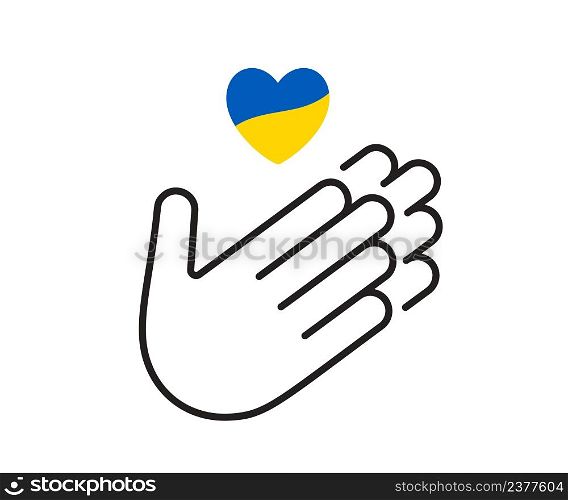 Pray for Ukraine icon. Stop war logo. Illustration of peace. Hands and heart. Protection from Russian invaders. Stop war and military attack poster concept.. Pray for Ukraine icon. Stop war logo. Illustration of peace. Hands and heart. Protection from Russian invaders. Stop war and military attack poster concept