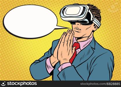 Prayer of VR reality, religion and technology. Pop art retro vector illustration. Prayer of VR reality, religion and technology