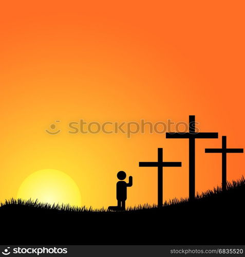 praying before the cross. Crucifixion. Silhouettes of the three crosses and praying man.