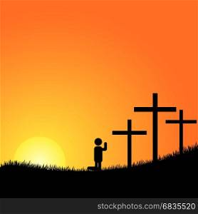 praying before the cross. Crucifixion. Silhouettes of the three crosses and praying man.