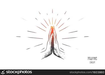 Praying concept. Hand drawn hands in praying position. Prayer to god with faith and hope isolated vector illustration.. Praying concept. Hand drawn isolated vector.
