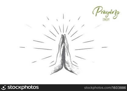 Praying concept. Hand drawn hands in praying position. Prayer to god with faith and hope isolated vector illustration.. Praying concept. Hand drawn isolated vector.