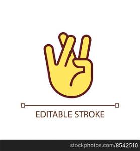 Praying for good luck pixel perfect RGB color icon. Crossed ring and middle fingers. Hand gesture. Isolated vector illustration. Simple filled line drawing. Editable stroke. Arial font used. Praying for good luck pixel perfect RGB color icon