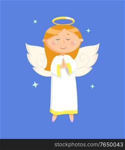 Praying girl with wings and nimbus, papercard decorated by glossy angel in white dress on sparking stars, portrait view of flying kid on blue vector. Portrait View of Praying Angel in Dress Vector