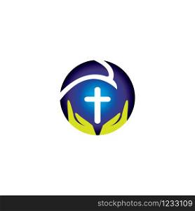 Praying hand holding cross. Religion, Church vector logo
