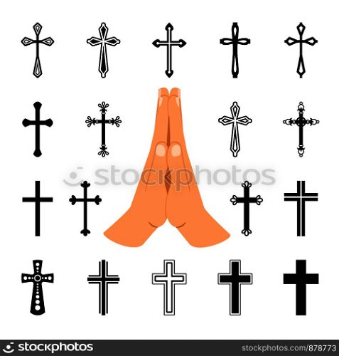 Praying hands or prayer slap isolated on white background. Vector folded hands with christian crosses signs. Praying hands with christian crosses signs