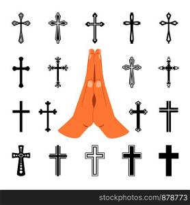 Praying hands or prayer slap isolated on white background. Vector folded hands with christian crosses signs. Praying hands with christian crosses signs