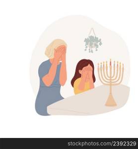Praying together isolated cartoon vector illustration. Family praying for religious holidays, blessing on in front of menorah with candles, jewish people celebration traditions vector cartoon.. Praying together isolated cartoon vector illustration.