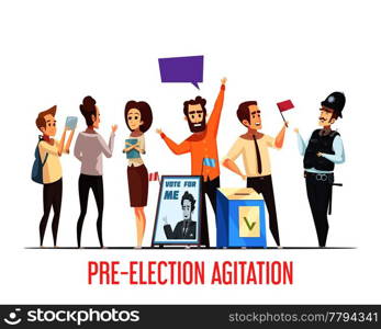 Pre-election canvassing campaigning with candidates talking to people political cartoon composition with ballot box vector illustration . Politics Pre-Election Cartoon Composition 