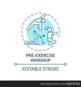 Pre-exercise warmup concept icon. Home physical training tip idea thin line illustration. Increasing flexibility. Lower injury risk. Vector isolated outline RGB color drawing. Editable stroke. Pre-exercise warmup concept icon