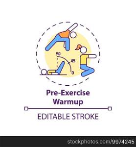 Pre-exercise warmup concept icon. Home physical training tip idea thin line illustration. Increasing flexibility. Warm-up exercises. Vector isolated outline RGB color drawing. Editable stroke. Pre-exercise warmup concept icon