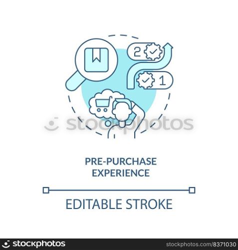 Pre-purchase experience turquoise concept icon. All-round sensory communication abstract idea thin line illustration. Isolated outline drawing. Editable stroke. Arial, Myriad Pro-Bold fonts used. Pre-purchase experience turquoise concept icon