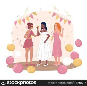 Pre wedding party for bride 2D vector isolated illustration. Wife-to-be with bridesmaids flat characters on cartoon background. Colourful editable scene for mobile, website, presentation. Pre wedding party for bride 2D vector isolated illustration