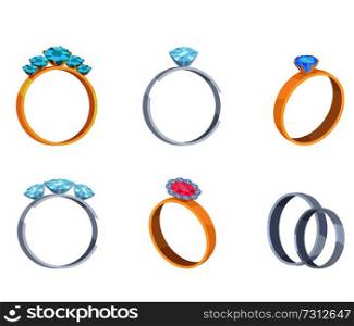 Precious gold and silver rings with gems vector icons set. Wedding rings with diamonds flat vector illustrations isolated on white background. Precious Wedding Rings with Gems Vector Icons Set