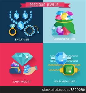 Precious jewels design concept set with gold and silver jewelry color gemstone flat icons isolated vector illustration. Precious Jewels Flat