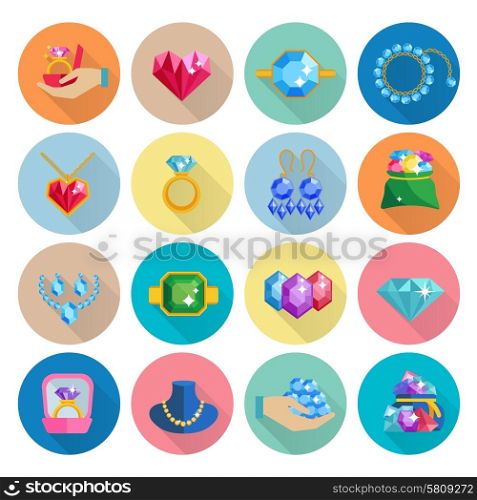 Precious jewels icons flat set with luxury earrings rings bracelets and necklaces isolated vector illustration. Precious Jewels Icons Flat