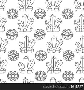 Precious stone or crystal with flora seamless pattern. Colorless diamond line art of geometric shapes. Geology and jewelry, quartz or mineral. Luxury rock, simple ornament vector in flat style. Crystals and jewels with flora, colorless seamless pattern