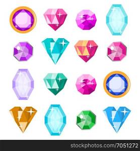 Precious Stones Set Vector. Cartoon Jewels, Precious Diamonds Gem. Isolated Illustration. Colored Set Gems Vector. Bright Realistic Gemstones Icons. Different Cuts And Colors. Isolated Illustration