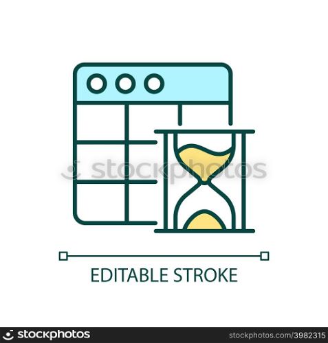 Precise schedule RGB color icon. Planning and organizing. Book appointment. Hour glass. Time and date. Isolated vector illustration. Simple filled line drawing. Editable stroke. Arial font used. Precise schedule RGB color icon