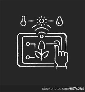 Precision agriculture chalk white icon on black background. Smart farm. Modern technologies in agriculture. Satellite farming. Crop management. Isolated vector chalkboard illustration. Precision agriculture chalk white icon on black background