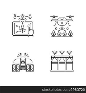 Precision agriculture linear icons set. Automation in horticulture. Smart farm. Crop storage. Customizable thin line contour symbols. Isolated vector outline illustrations. Editable stroke. Precision agriculture linear icons set