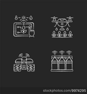 Precision agriculture RGB chalk white icons set on black background. Automation in horticulture. Smart farm. Farming drones. Crop storage. Driverless tractor. Isolated vector chalkboard illustrations. Precision agriculture RGB chalk white icons set on black background