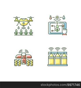 Precision agriculture RGB color icons set. Automation in horticulture. Smart farm. Farming drones. Crop storage. Driverless tractor. Isolated vector illustrations. Precision agriculture RGB color icons set