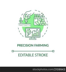 Precision farming green concept icon. Smart agriculture abstract idea thin line illustration. Soil testing. Isolated outline drawing. Editable stroke. Roboto-Medium, Myriad Pro-Bold fonts used. Precision farming green concept icon