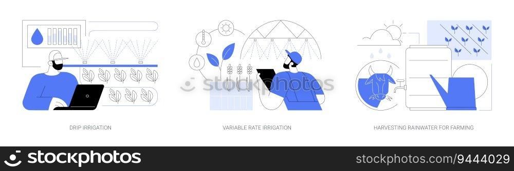 Precision irrigation abstract concept vector illustration set. Drip irrigation, variable rate watering, harvesting rainwater for farming, watering schedule, precision agriculture abstract metaphor.. Precision irrigation abstract concept vector illustrations.