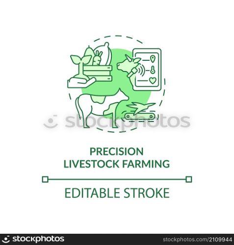 Precision livestock farming green concept icon. Improving animal wellbeing abstract idea thin line illustration. Isolated outline drawing. Editable stroke. Roboto-Medium, Myriad Pro-Bold fonts used. Precision livestock farming green concept icon
