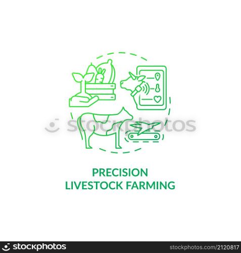 Precision livestock farming green gradient concept icon. Smart agriculture abstract idea thin line illustration. Animal production. Isolated outline drawing. Roboto-Medium, Myriad Pro-Bold fonts used. Precision livestock farming green gradient concept icon