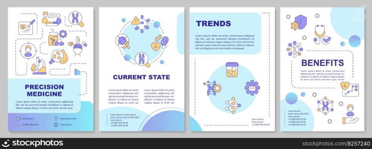 Precision medicine mint brochure template. Genes studying. Leaflet design with linear icons. Editable 4 vector layouts for presentation, annual reports. Arial-Bold, Myriad Pro-Regular fonts used. Precision medicine mint brochure template