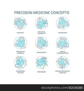 Precision medicine turquoise concept icons set. Personalized healthcare program. Individualized patient diagnostic and treatment idea thin line color illustrations. Isolated symbols. Editable stroke. Precision medicine turquoise concept icons set