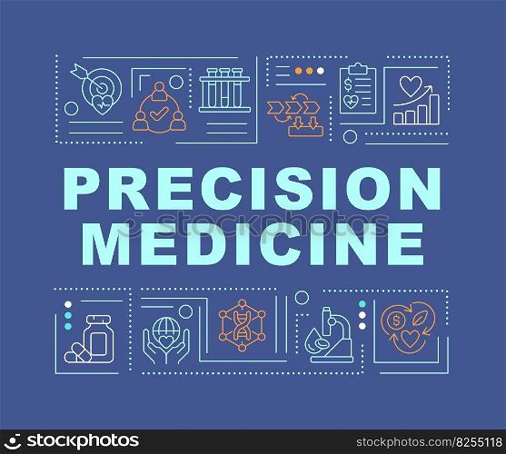 Precision medicine word concepts dark blue banner. Gene analysis. Infographics with editable icons on color background. Isolated typography. Vector illustration with text. Arial-Black font used. Precision medicine word concepts dark blue banner