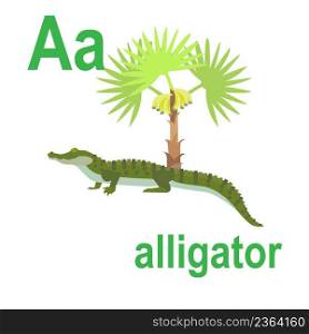 Predatory crocodile, alligator, ABC of children’s wall art. Postcards with the alphabet. Poster with children’s alphabet. The atmosphere of the game room. A is for the alligator. Vector
