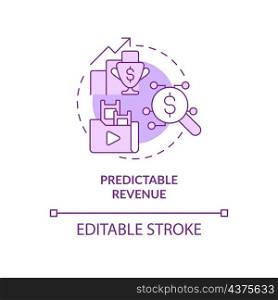 Predictable revenue purple concept icon. Regular subscription. Business model abstract idea thin line illustration. Isolated outline drawing. Editable stroke. Roboto-Medium, Myriad Pro-Bold fonts used. Predictable revenue purple concept icon