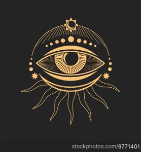 Prediction eye, tarot magic symbol, ethnic amulet. Vector tattoo eye with moon, occultism holistic vision sign, tribal chakra rays, all seeing eye. Rune alchemy eye tattoo occult and esoteric symbol
