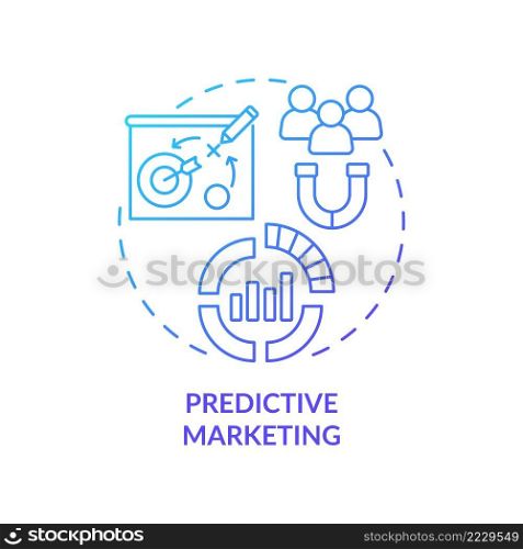 Predictive marketing blue gradient concept icon. Advertising cases research. Customer engaging abstract idea thin line illustration. Isolated outline drawing. Myriad Pro-Bold font used. Predictive marketing blue gradient concept icon