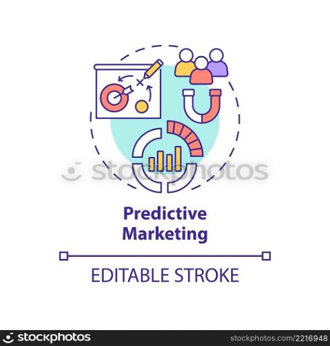 Predictive marketing concept icon. Advertising cases analyze. Customer engaging abstract idea thin line illustration. Isolated outline drawing. Editable stroke. Arial, Myriad Pro-Bold fonts used. Predictive marketing concept icon