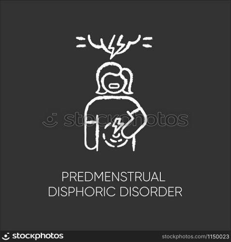 Predmenstrual dysphoric disorder chalk icon. Menstrual cramp. Woman in pain. Physical tension. PMS. Premenstrual care. Emotional girl. Low mood. Mental issue. Isolated vector chalkboard illustration